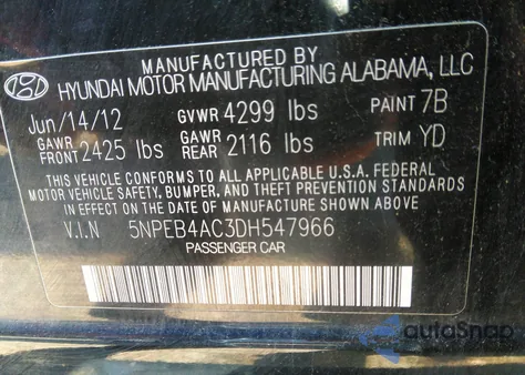 2013 Hyundai Sonata Gls z USA, uszkodzony, nr VIN 5NPEB4AC3DH547966